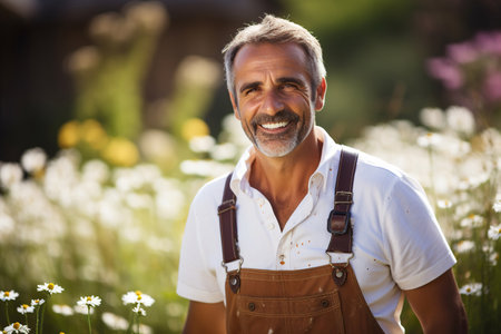 Portrait of a smiling farmer standing in a field of daisiesの素材