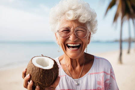 Portrait of happy senior woman holding coconut on the beach during summer vacationの素材