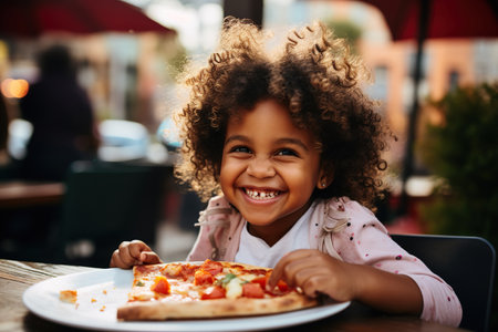 Portrait of a smiling African American girl eating pizzaの素材