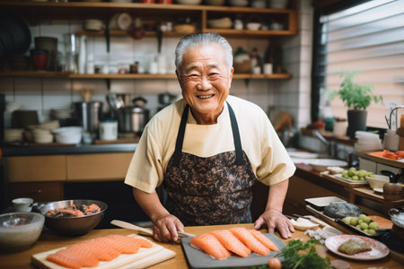 Portrait of smiling senior man standing at sushi table in kitchen at homeの素材