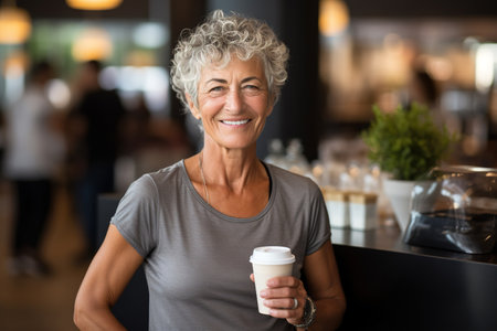 Portrait of smiling senior woman holding coffee to go in fitness studioの素材