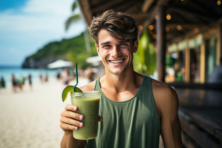 Portrait of young man drinking green smoothie on tropical beachの素材