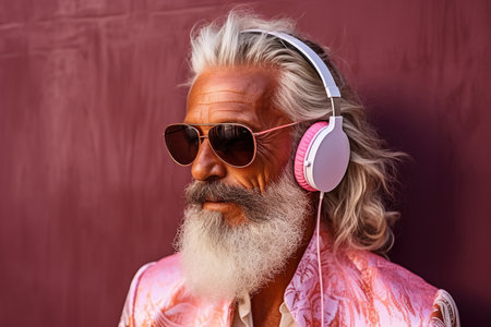 Portrait of a stylish senior man wearing sunglasses and headphonesの素材