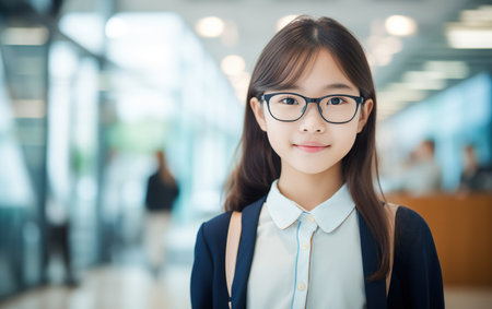 smart student girl 9-15 years old stands confidentの素材