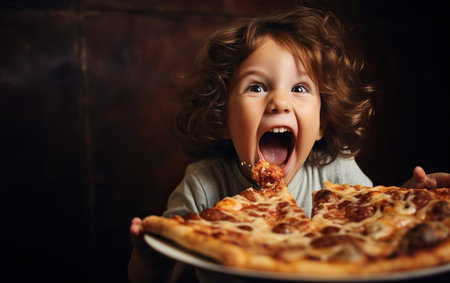 Funny and ridiculous child girl eats slice of pizza.の素材