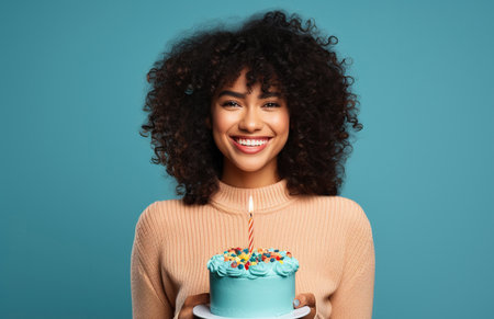 Happy African American woman with birthday cake and party hat on blue backgroundの素材