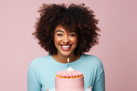 Happy African American woman with birthday cake on pink backgroundの素材