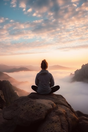 Woman sits yoga on a rock, mountains, sea of ââclouds, at sunrise in the morning.の素材