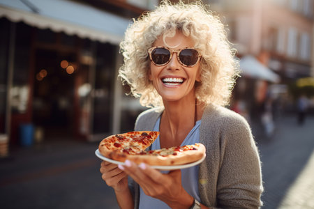 cheerful mature woman eating pizza while standing in the city streetの素材