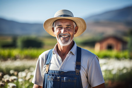 Portrait of a smiling farmer standing in a field of daisiesの素材