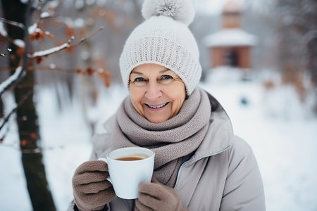 Portrait of a senior woman with cup of coffee in winter outdoorsの素材