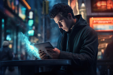 Young man online via a digital tablet in the cityの素材