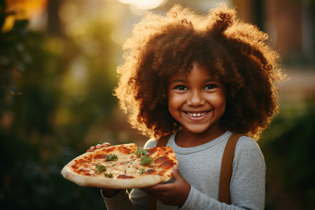 Portrait of a smiling African American girl eating pizzaの素材