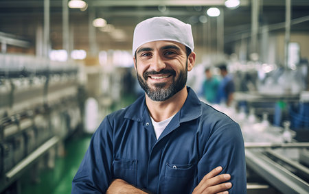 Portrait of an happy employee and a production line in the backgroundの素材