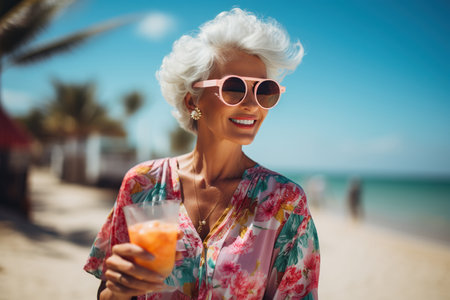 Portrait of happy senior woman drinking cocktail at beach on a sunny dayの素材