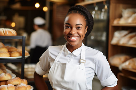 Portrait of smiling African American female staff standing in pastry shopの素材