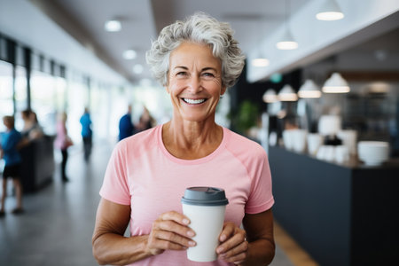 Portrait of smiling senior woman holding coffee to go in fitness studioの素材
