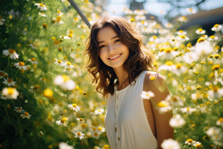 Portrait of smiling woman standing in flower garden on a sunny dayの素材