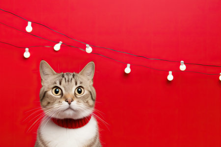 Cat wearing a Winter Scarf and Hat on a Red Background with Space for Copyの素材