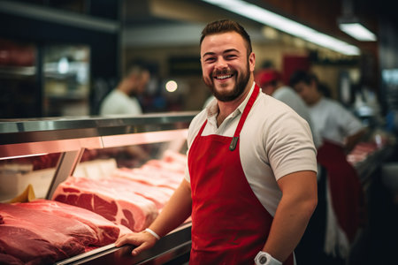 Close up candid photo of a handsome happy fat young muscular butcher man, standing at meat counterの素材