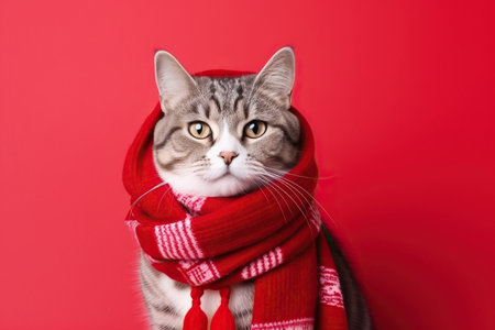 Cat wearing a Winter Scarf and Hat on a Red Background with Space for Copyの素材