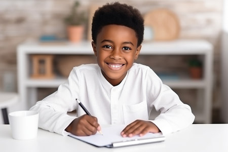 A smiling African American boy is writing on a tablet.の素材