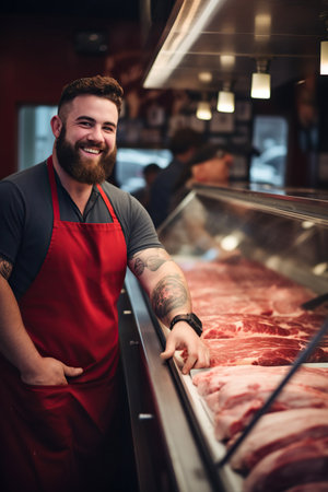 Close up candid photo of a handsome happy fat young muscular butcher man, standing at meat counterの素材