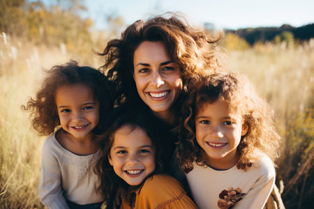 Happy smiling woman with dark hair with two daughters, field on backgroundの素材