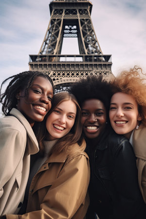 Beautiful gorgeous women in front of the Eiffel tower in Parisの素材