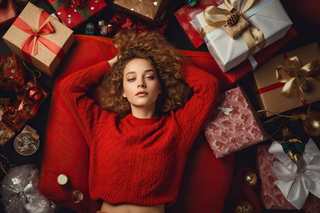 Above view photo of young lady sleepy waiting Santa Claus wear red deer's print sweaterの素材