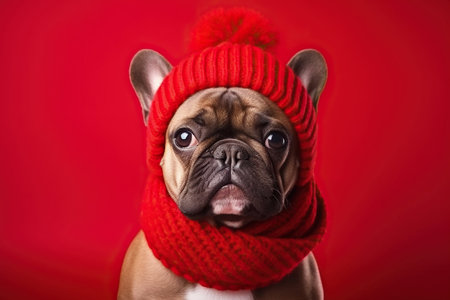 Cute French Bulldog in a Red Hat and Scarf on a Red Background with Space for Copyの素材
