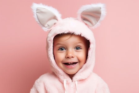 Cute Young boy Dressed as a Bunny for Halloween on an Pink Banner with Space for Copyの素材
