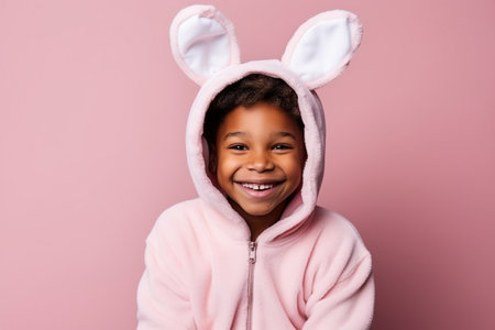 Cute Young African American boy Dressed as a Bunny for Halloween on an Pink Banner with Space for Copyの素材