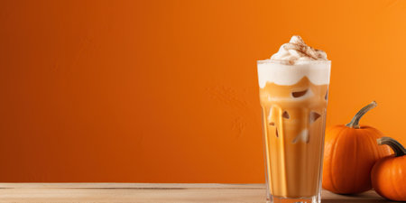 Delicious Iced Latte or Cappuccino with Pumpkin on an Orange Backgroundの素材