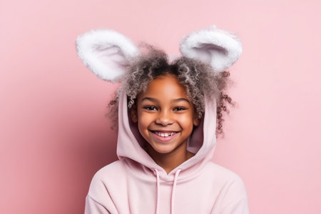 Cute Young African American girl Dressed as a Bunny for Halloween on an Pink Banner with Space for Copyの素材