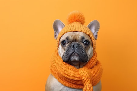 Cute Doodle Dog Dressed in a Autumn /Fall Scarf and Hat on an Orange Background with Space for Copyの素材