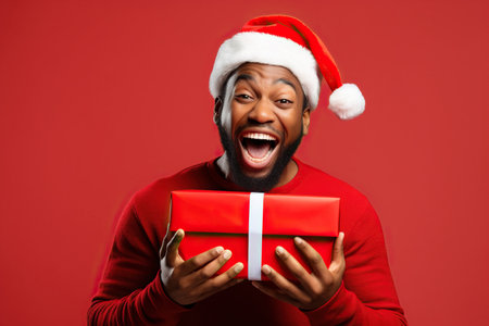 Excited African American man opening a present on red studio backgroundの素材