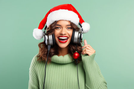 Merry singer young woman wear knitted xmas sweater Santa hat headphones posing listen music sing song in microphone isolated on plain pastel light green background Happy New Year 2023 holiday conceptの素材