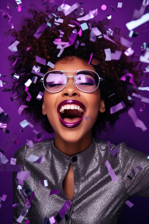 African American lady in 80s style clothes in sun glasses on nightclub with confetti isolated purple color backgroundの素材