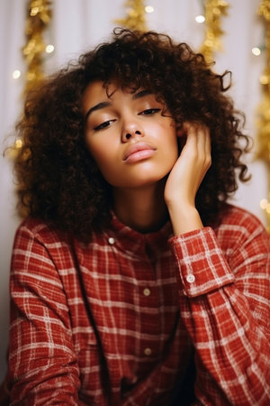 Spending at home young African American girl brown bob hair hands head chilling attractive person pretty dreams enjoying Christmas time isolated indoorsの素材