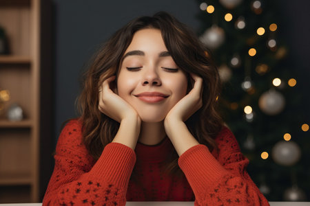 Spending at home young girl brown bob hair hands head chilling attractive person pretty dreams enjoying Christmas time isolated indoorsの素材