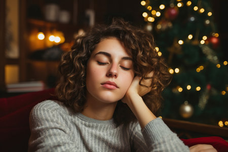 Spending at home young girl brown bob hair hands head chilling attractive person pretty dreams enjoying Christmas time isolated indoorsの素材