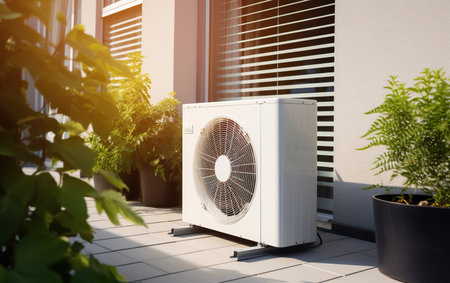 Air source heat pump installed in residential building.の素材