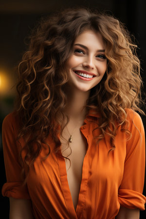 Beautiful smiling woman with long wavy hair.の素材