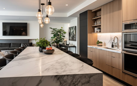 A luxury modern kitchen of an apartment with marble countertopsの素材
