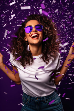 Woman in 80s style clothes in sun glasses on nightclub with confetti isolated purple color backgroundの素材