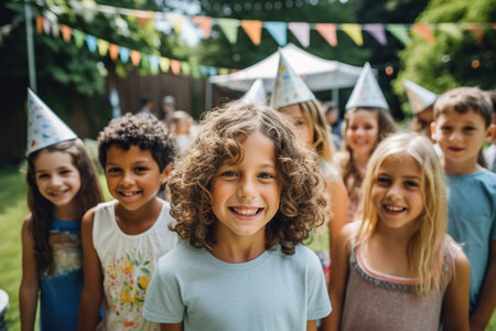 Close up photo of a group of small and big kids at a backyard birthday partyの素材