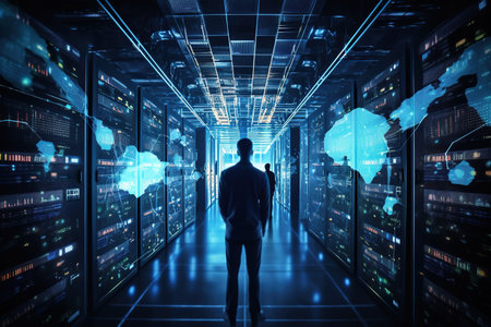 Close up of a modern data center with racks of servers, cooling systems, and technicians managing the digital infrastructure that powers our interconnected worldの素材