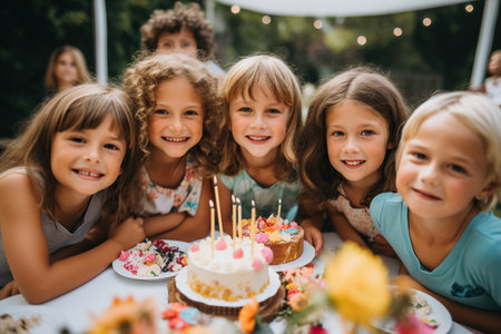 Close up photo of a group of small and big kids at a backyard birthday partyの素材