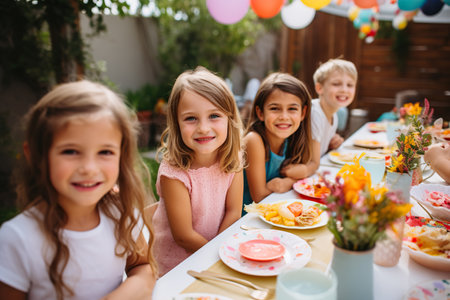 Close up photo of a group of small and big kids at a backyard birthday partyの素材